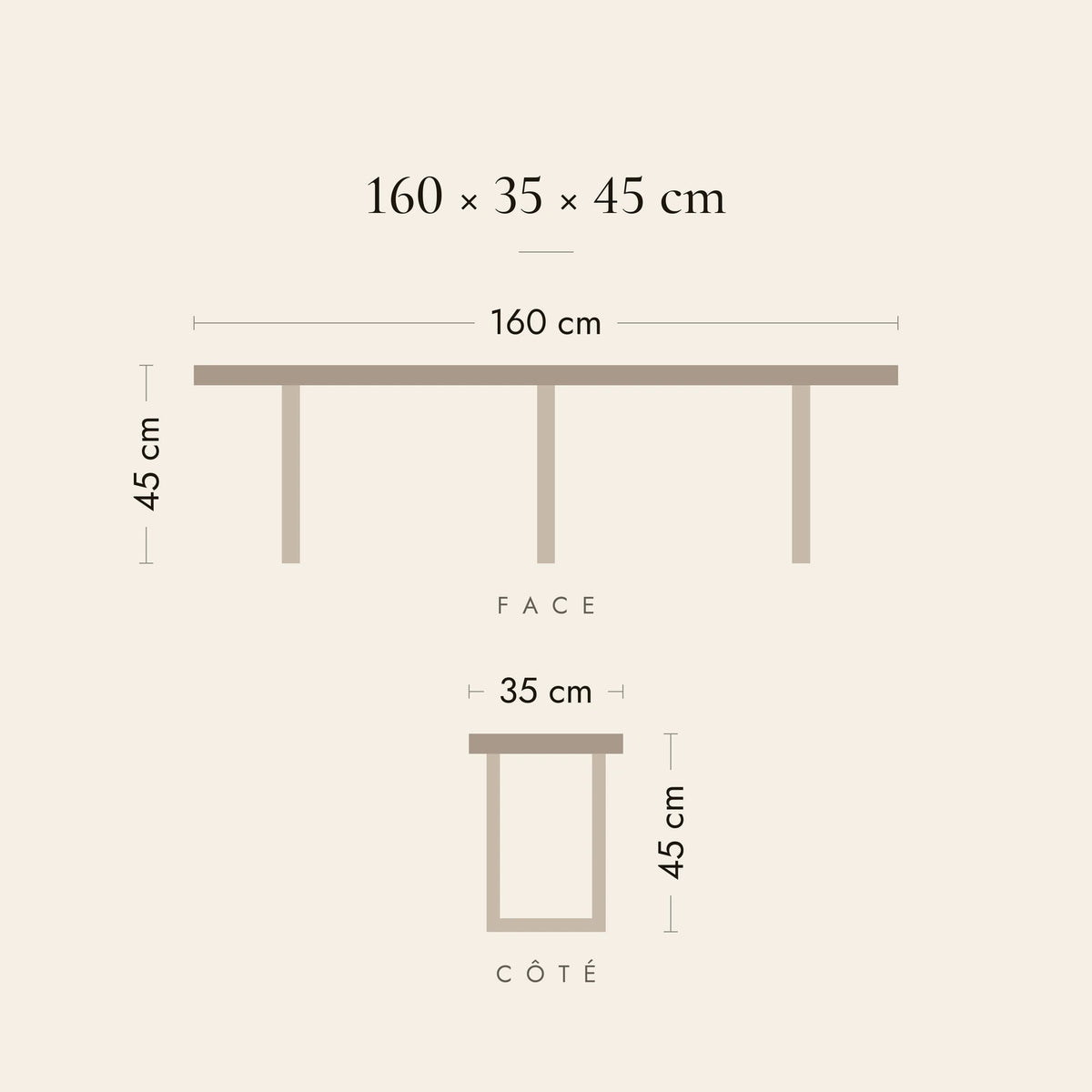 Dimensions du banc de lit Molière : 160 × 35 × 45 cm