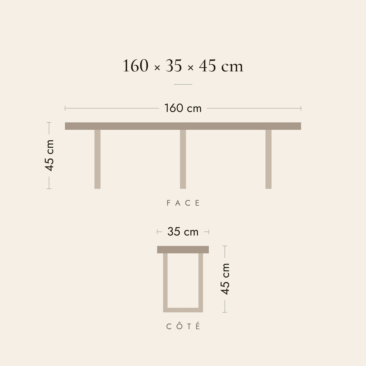 Dimensions du banc de lit Panoramas : 160 × 35 × 45 cm