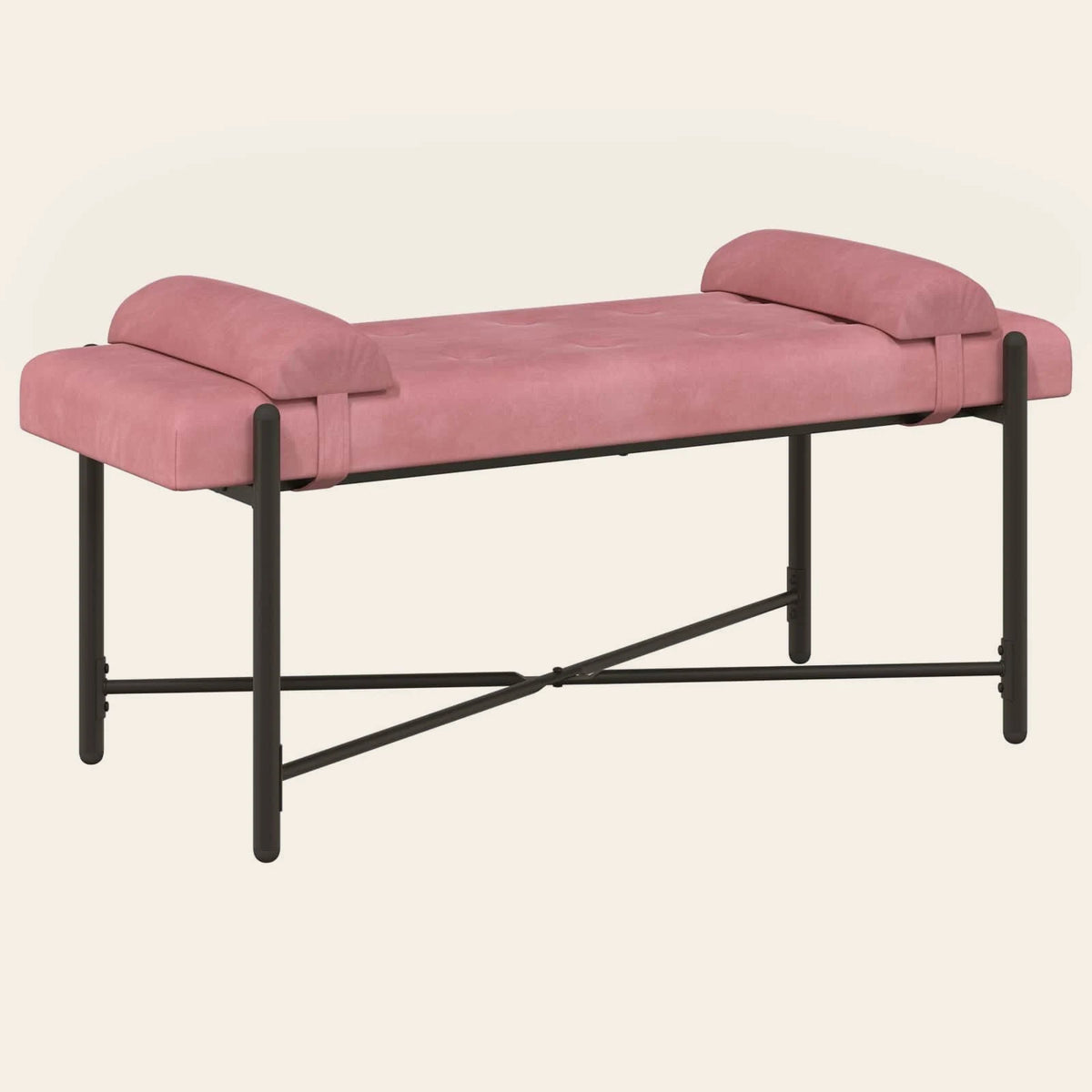 Banc de lit Jouffroy vieux rose en velours capitonné, vue de trois quarts