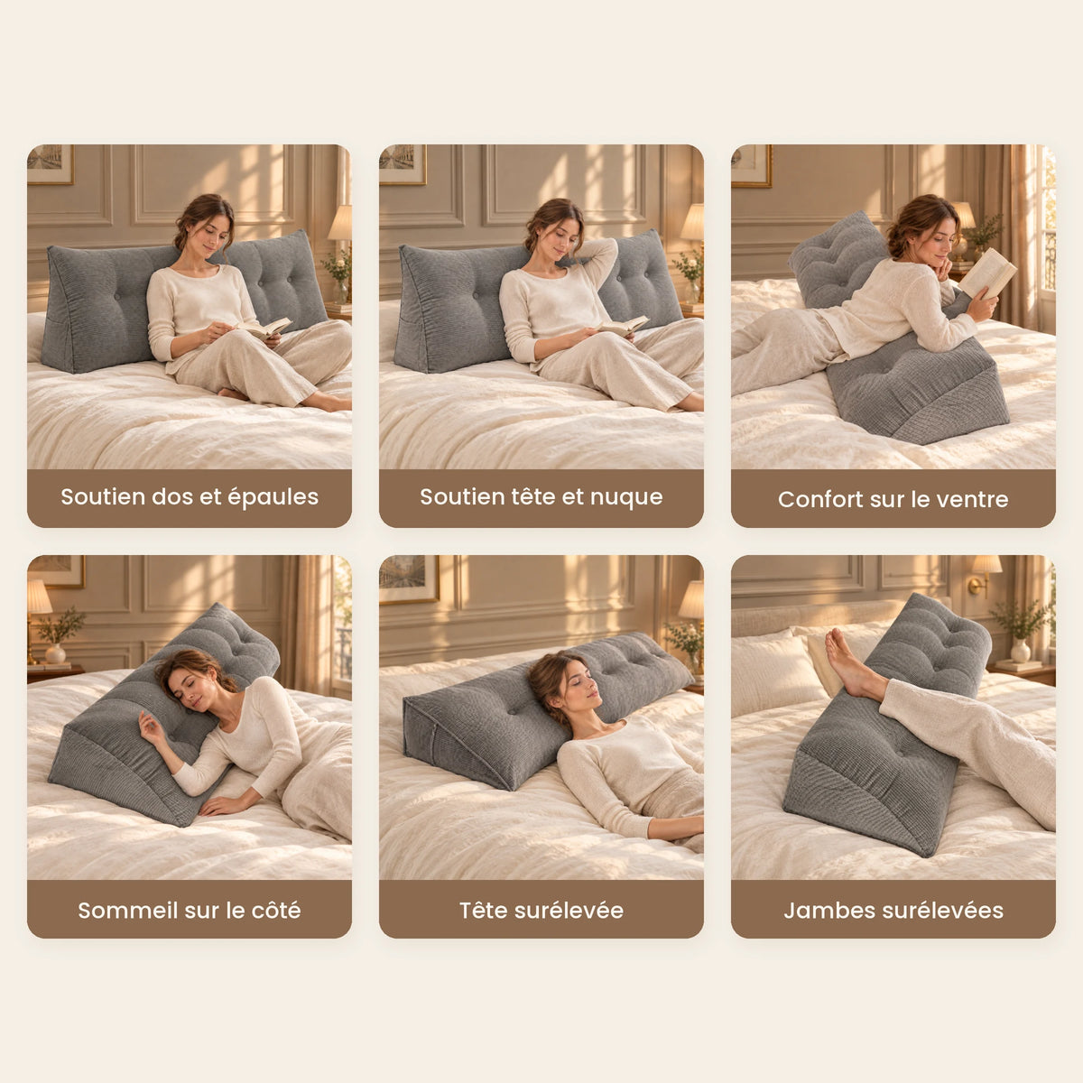 Six façons d'utiliser le coussin Opéra : lecture, nuque, ventre, côté, tête et jambes