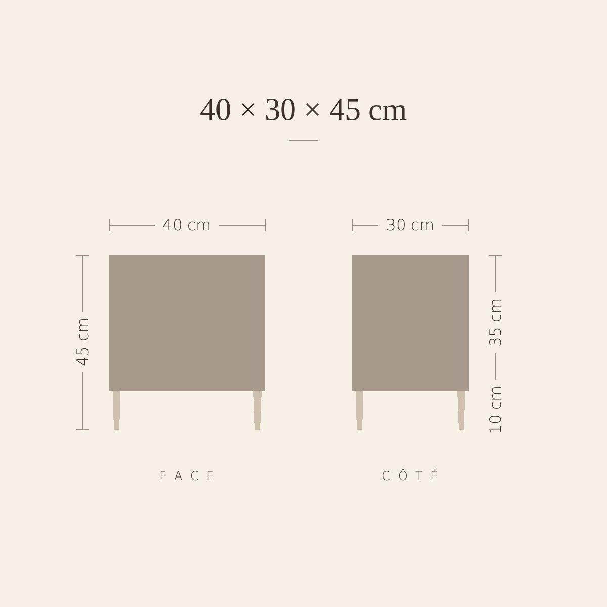 Dimensions de la table de chevet Rai de Lune : 40 × 30 × 45 cm, caisson de 35 cm, pieds de 10 cm