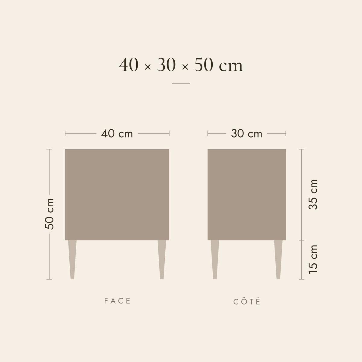 Dimensions de la table de chevet Comète : 40 × 30 × 50 cm, caisson de 35 cm, pieds de 15 cm