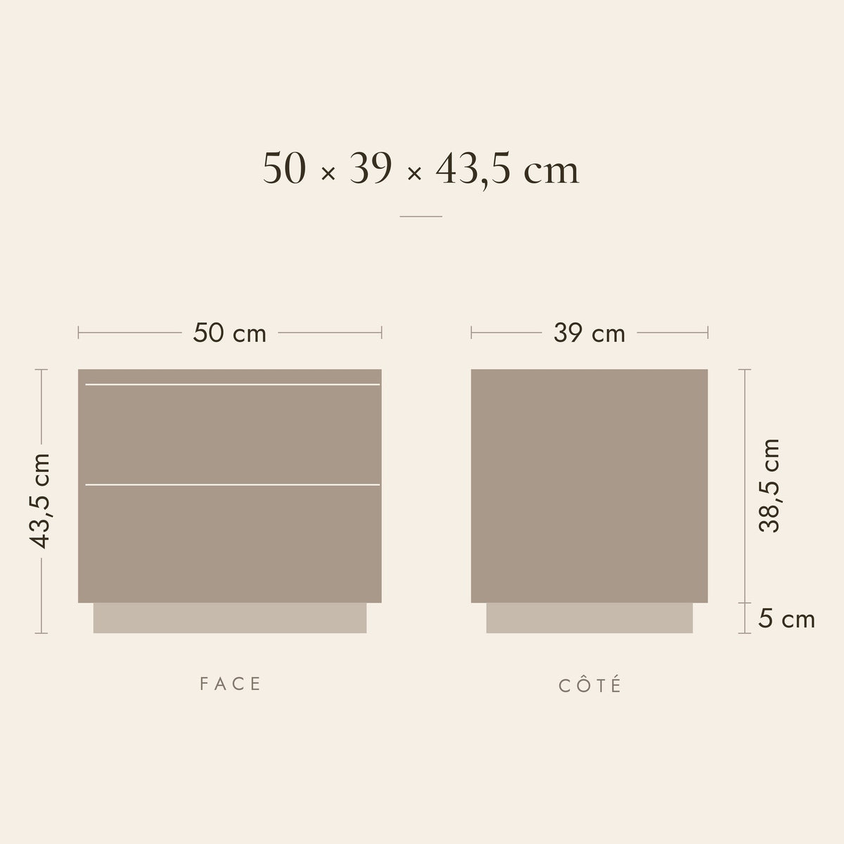 Dimensions de la table de chevet Crépuscule : 50 × 39 × 43,5 cm, plinthe de 5 cm