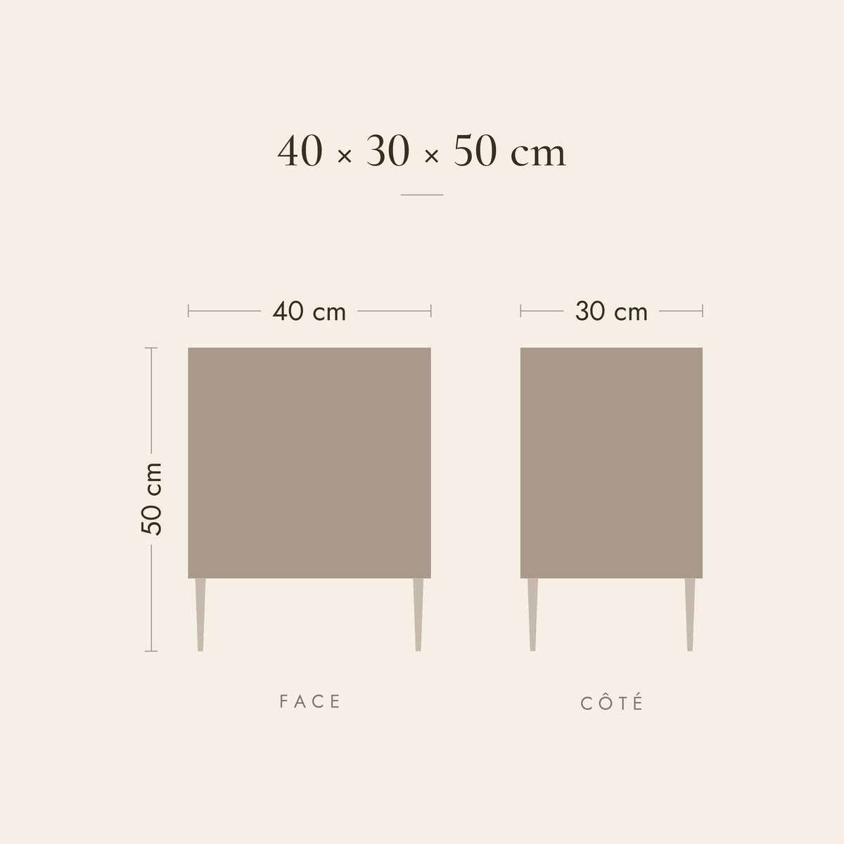 Dimensions de la table de chevet Éclipse : 40 × 30 × 50 cm