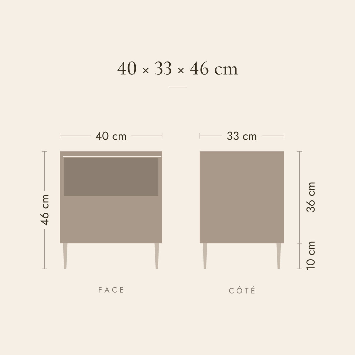 Dimensions de la table de chevet Luciole : 40 × 33 × 46 cm, pieds de 10 cm