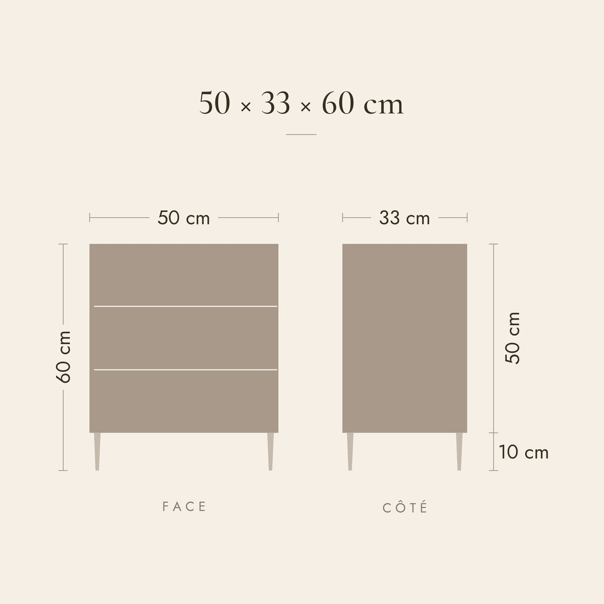 Dimensions de la table de chevet Sérénade : 50 × 33 × 60 cm, pieds de 10 cm