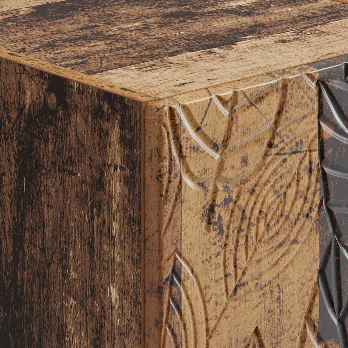 Gros plan du feuillage sculpté en relief de la table de chevet Songe