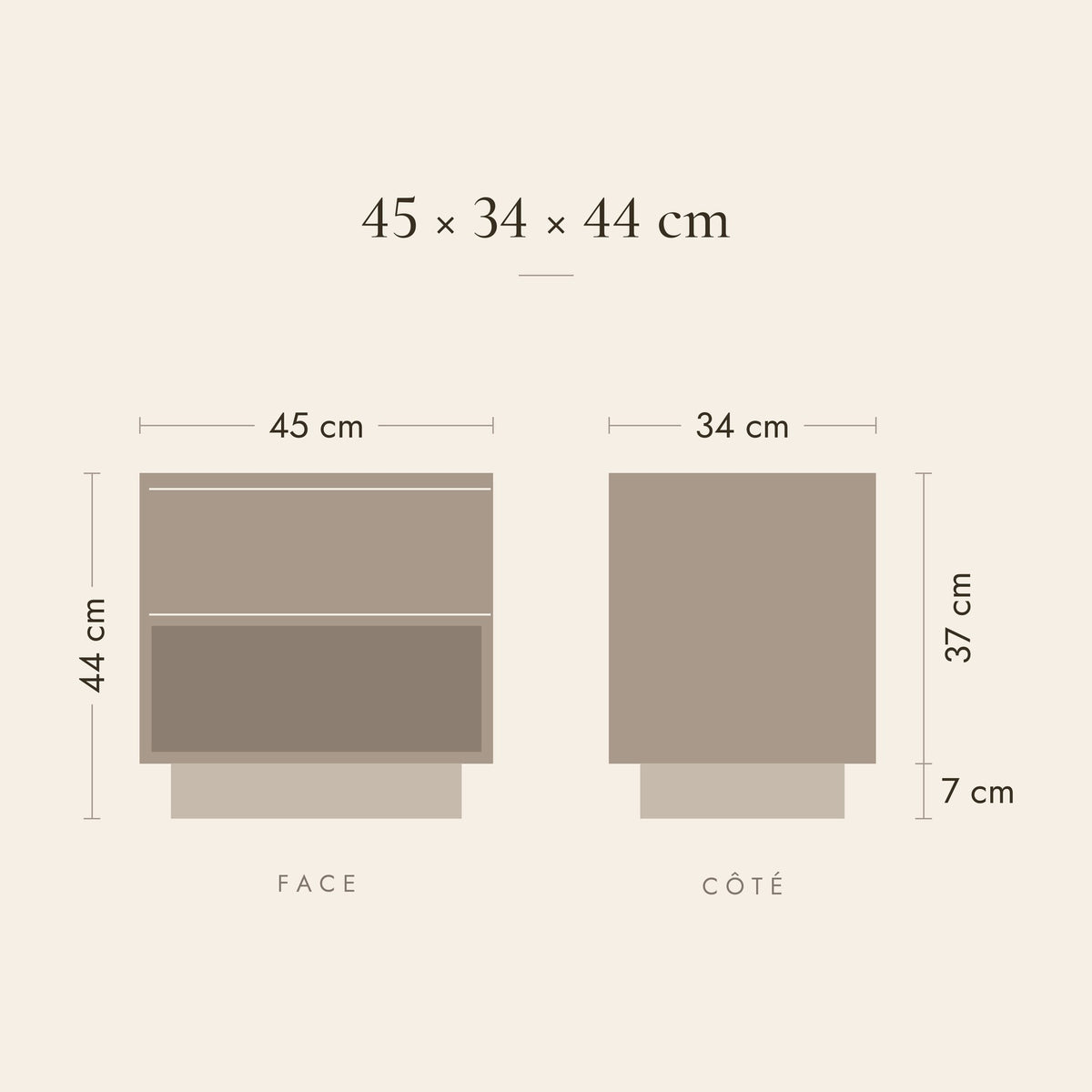 Dimensions de la table de chevet Veilleuse : 45 × 34 × 44 cm, socle de 7 cm