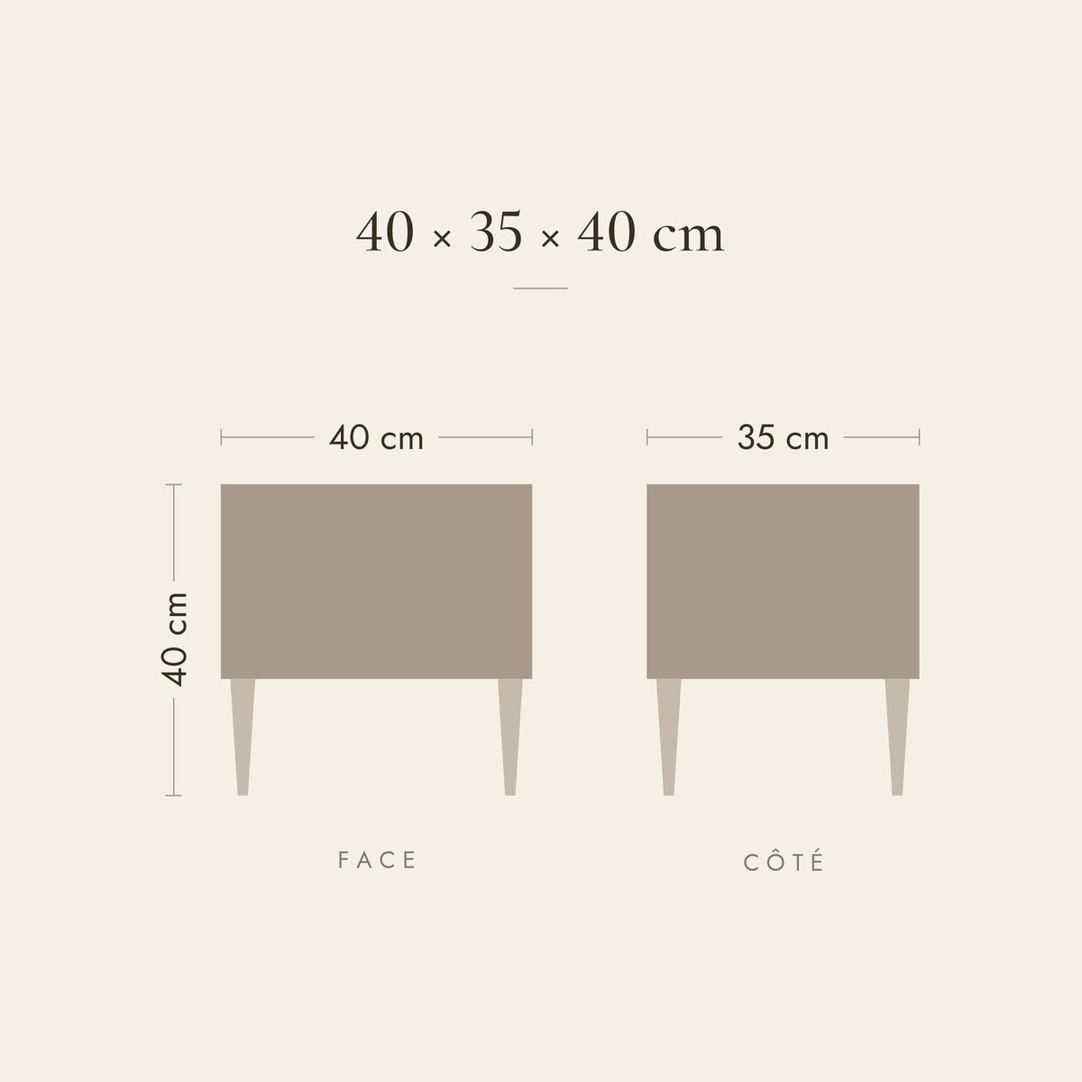 Dimensions de la table de chevet Brume : 40 × 35 × 40 cm