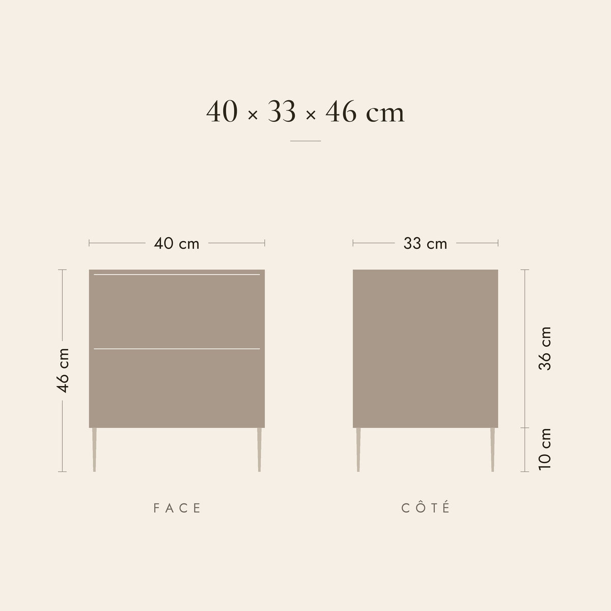 Dimensions de la table de chevet Clair de Lune : 40 × 33 × 46 cm