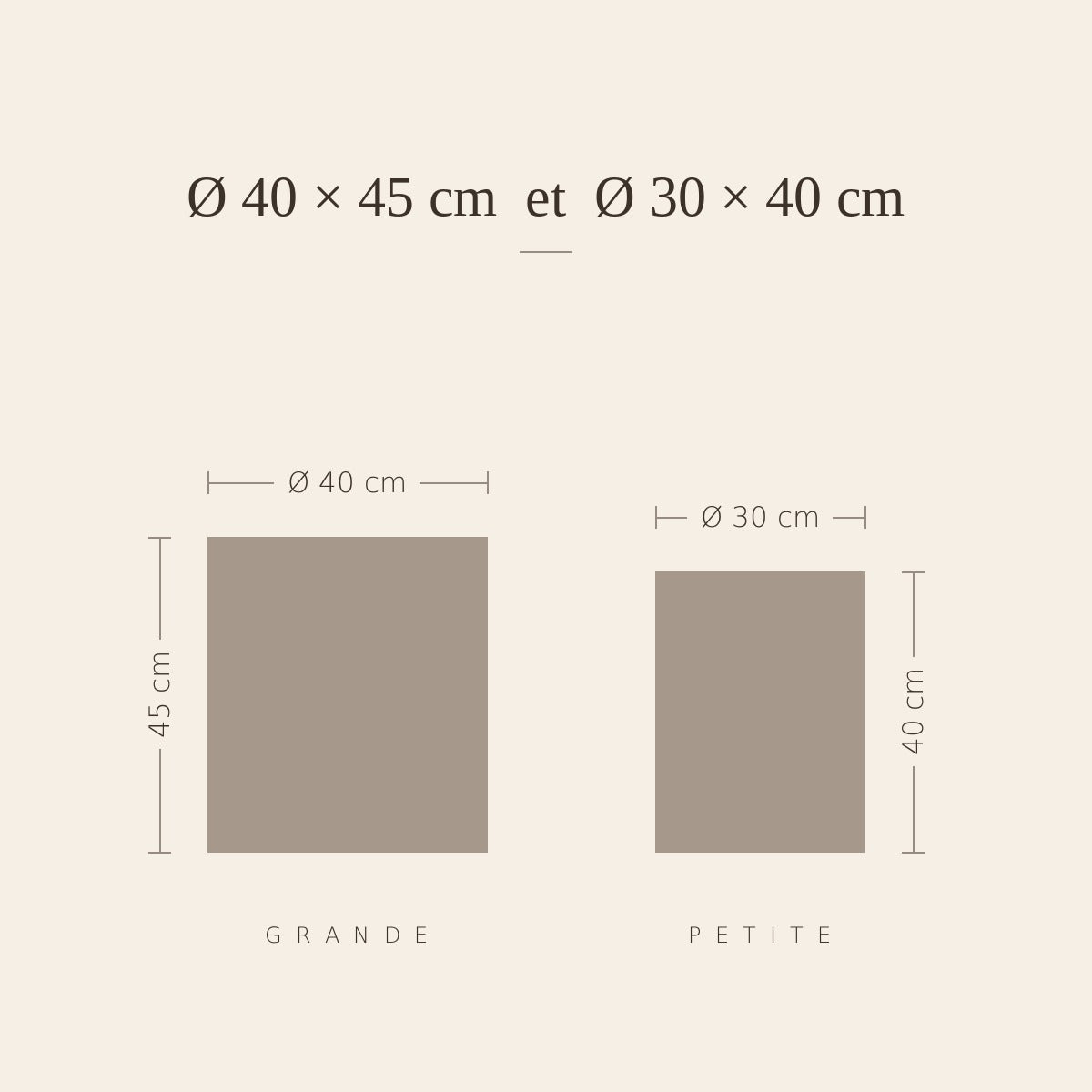 Dimensions des tables de chevet Gémeaux : Ø 40 × 45 cm et Ø 30 × 40 cm