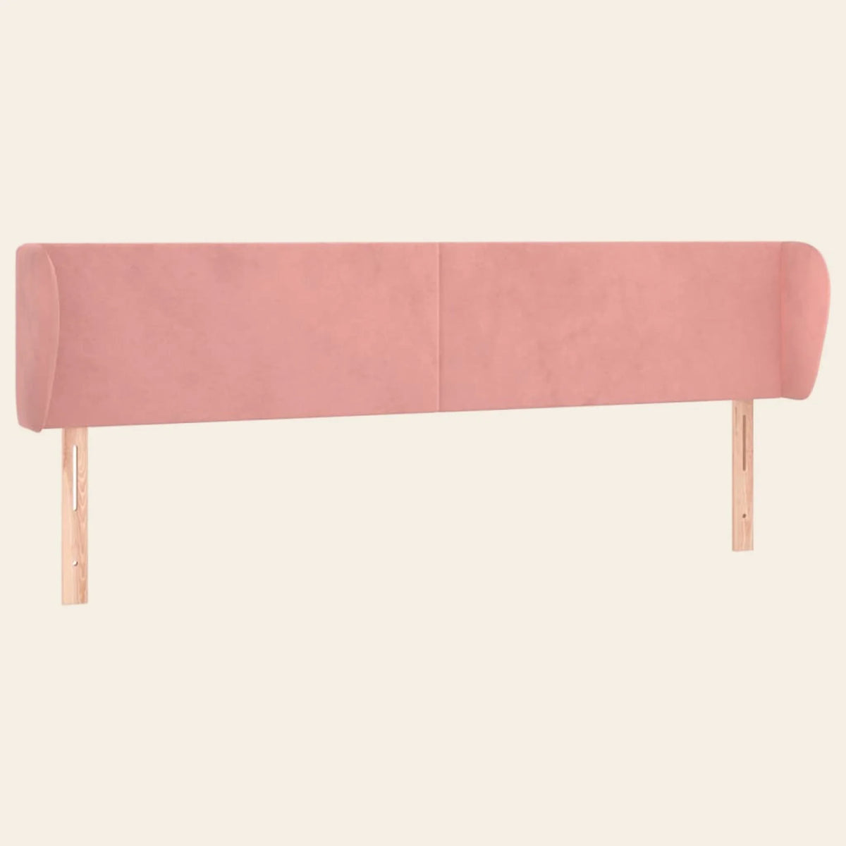 Tête de lit à oreilles arrondies en velours Solférino, coloris rose poudré, sur pieds en bois