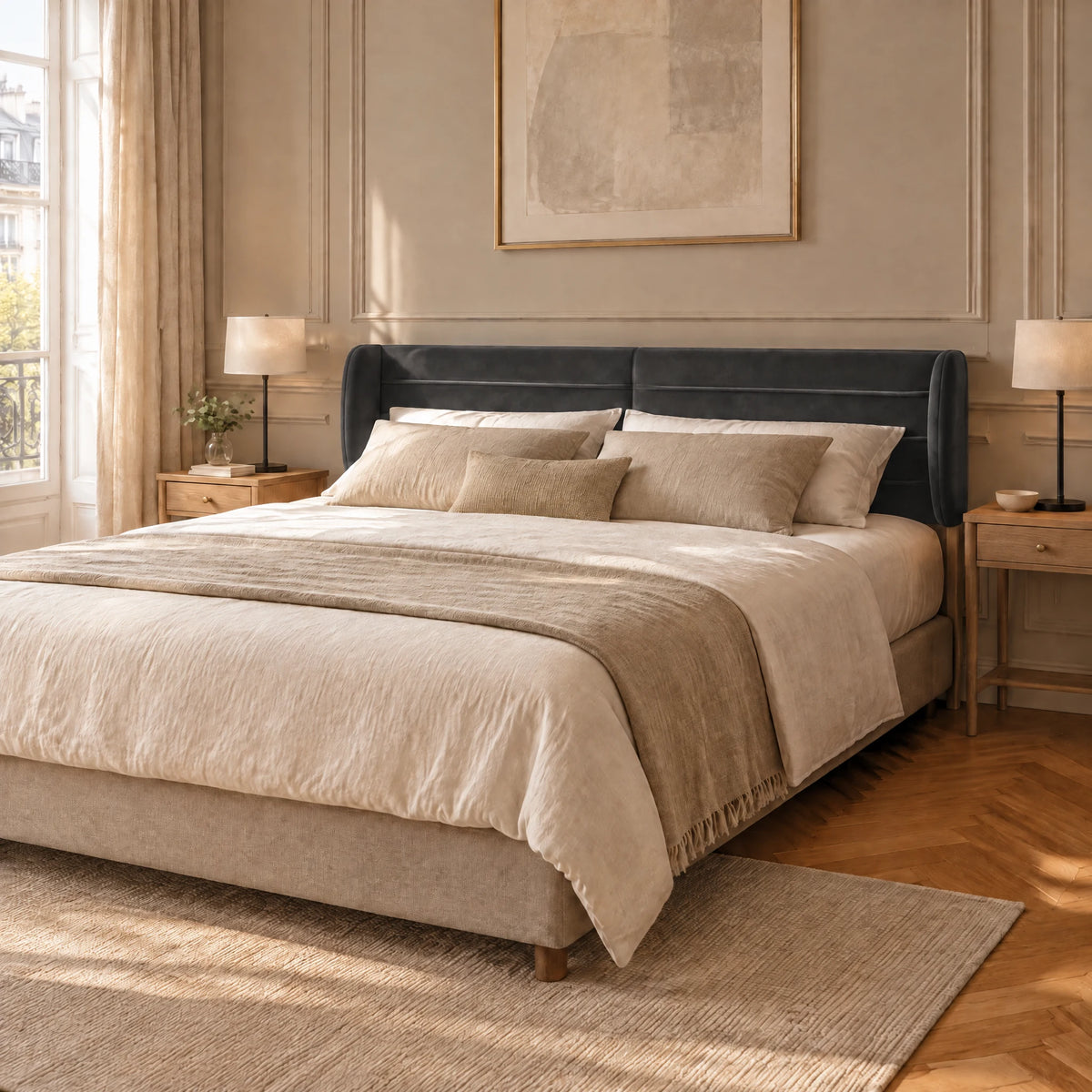 Tête de lit à oreilles en velours ligné Chaillot gris anthracite dans une chambre parisienne