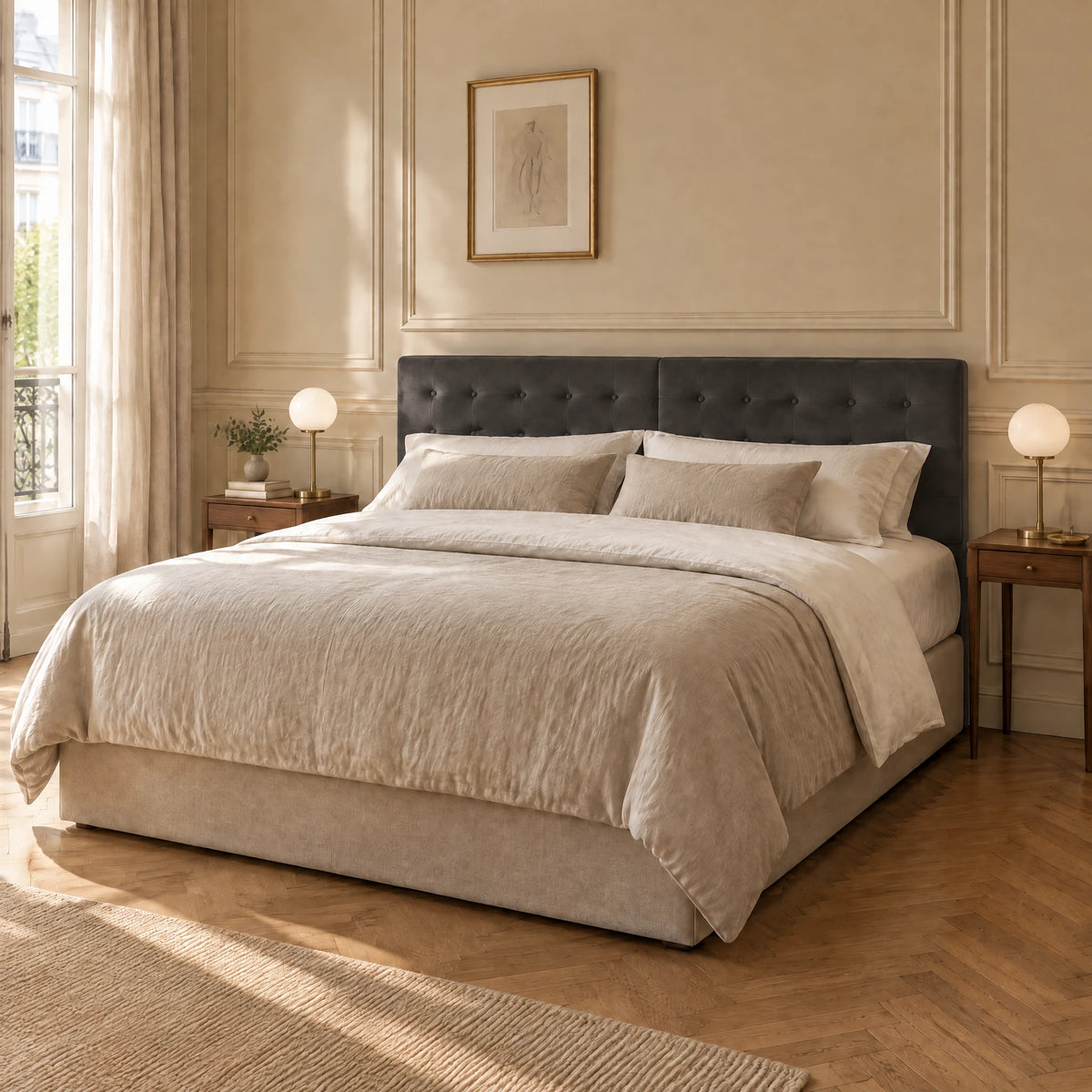 Tête de lit boutonnée en velours Dauphine gris anthracite dans une chambre parisienne