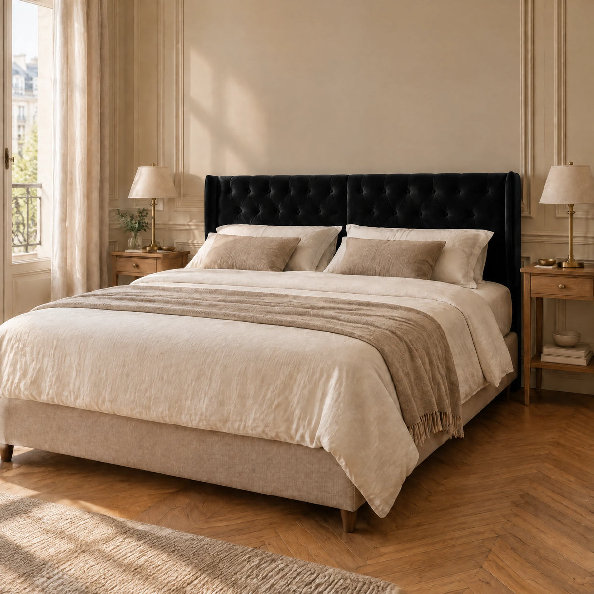 Tête de lit capitonnée à oreilles en velours Montaigne noir dans une chambre parisienne