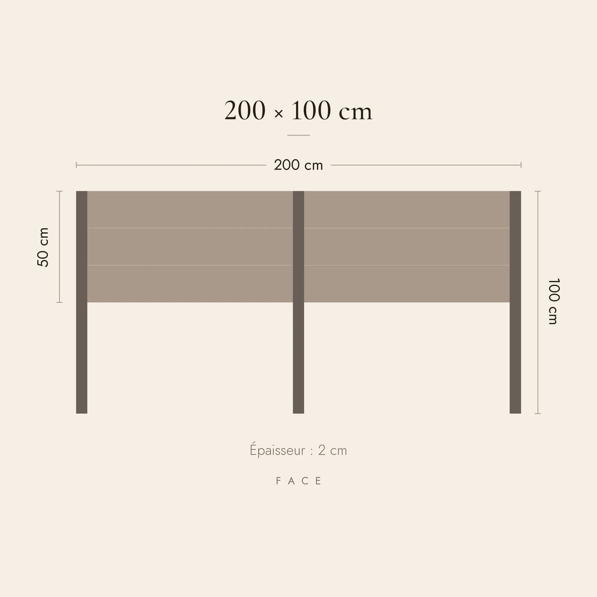 Dimensions de la tête de lit Champ-de-Mars pour un lit de 200 cm : 200 cm de large, 100 cm de haut