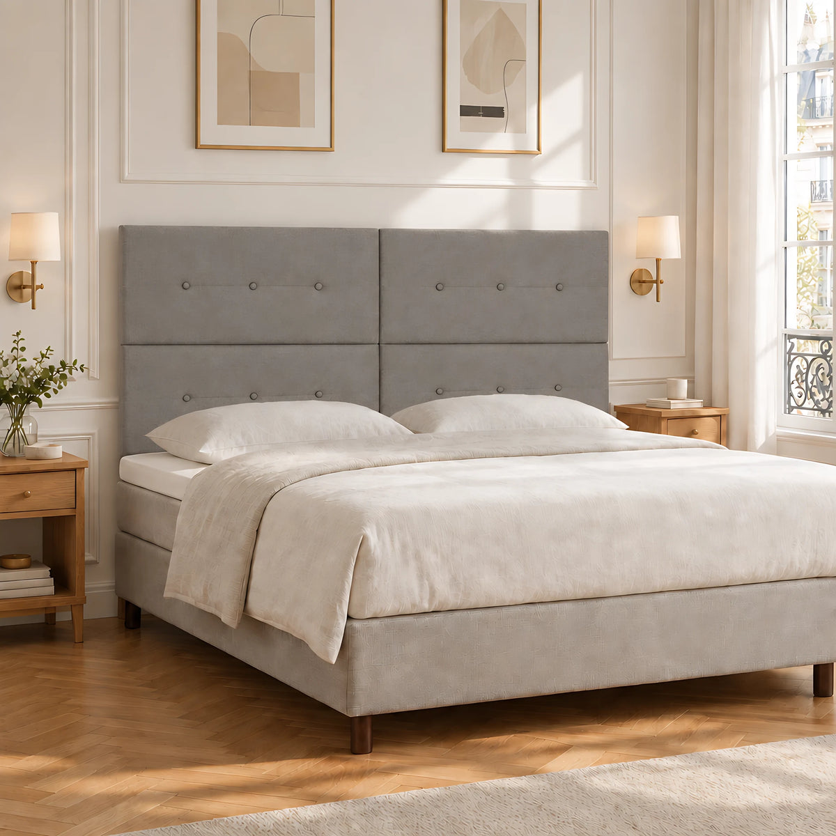 Tête de lit haute en tissu Bastille taupe dans une chambre parisienne