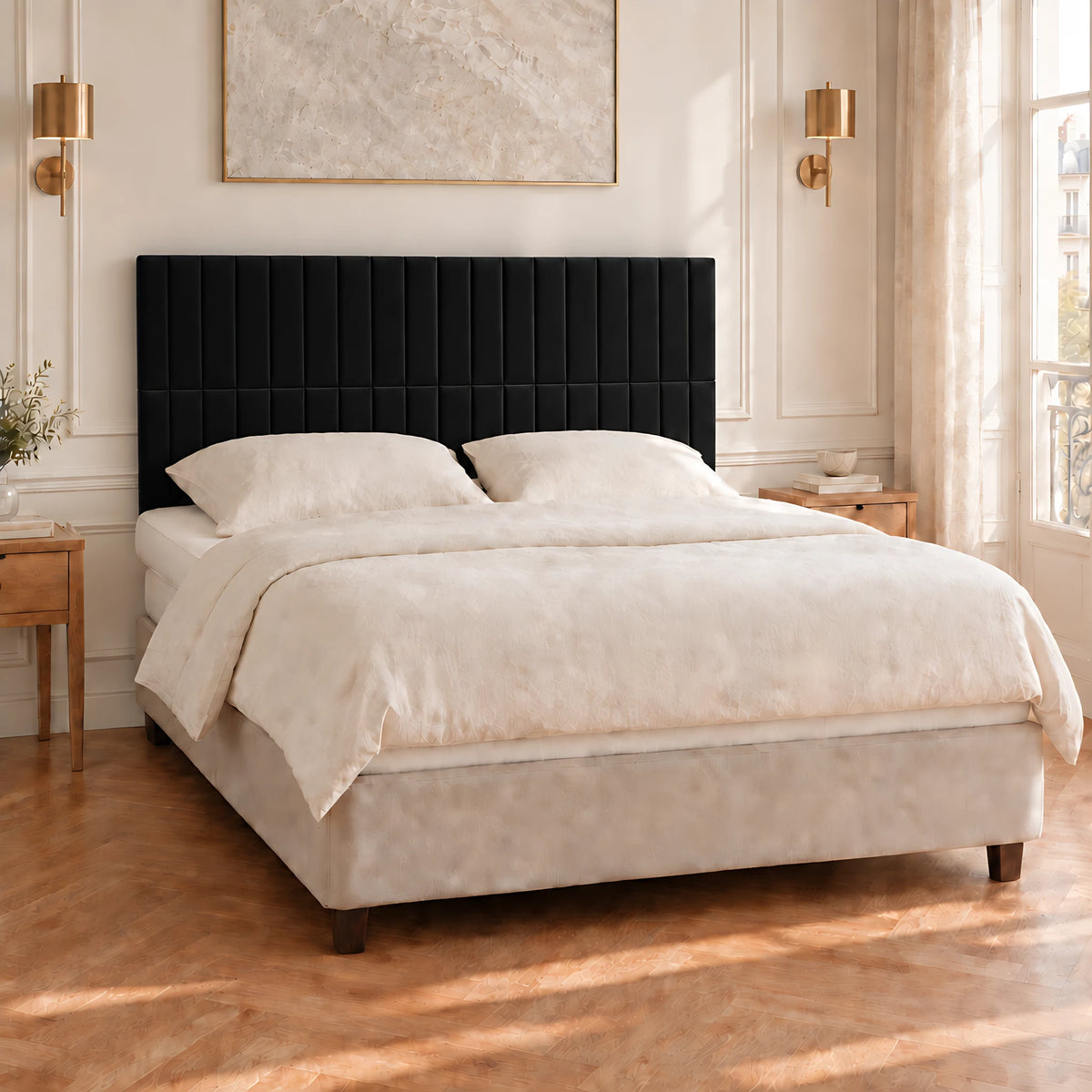 Tête de lit haute en velours à poser Étoile noir dans une chambre parisienne