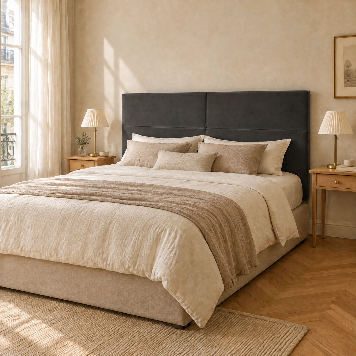 Tête de lit haute en velours lisse Châtelet gris anthracite dans une chambre parisienne