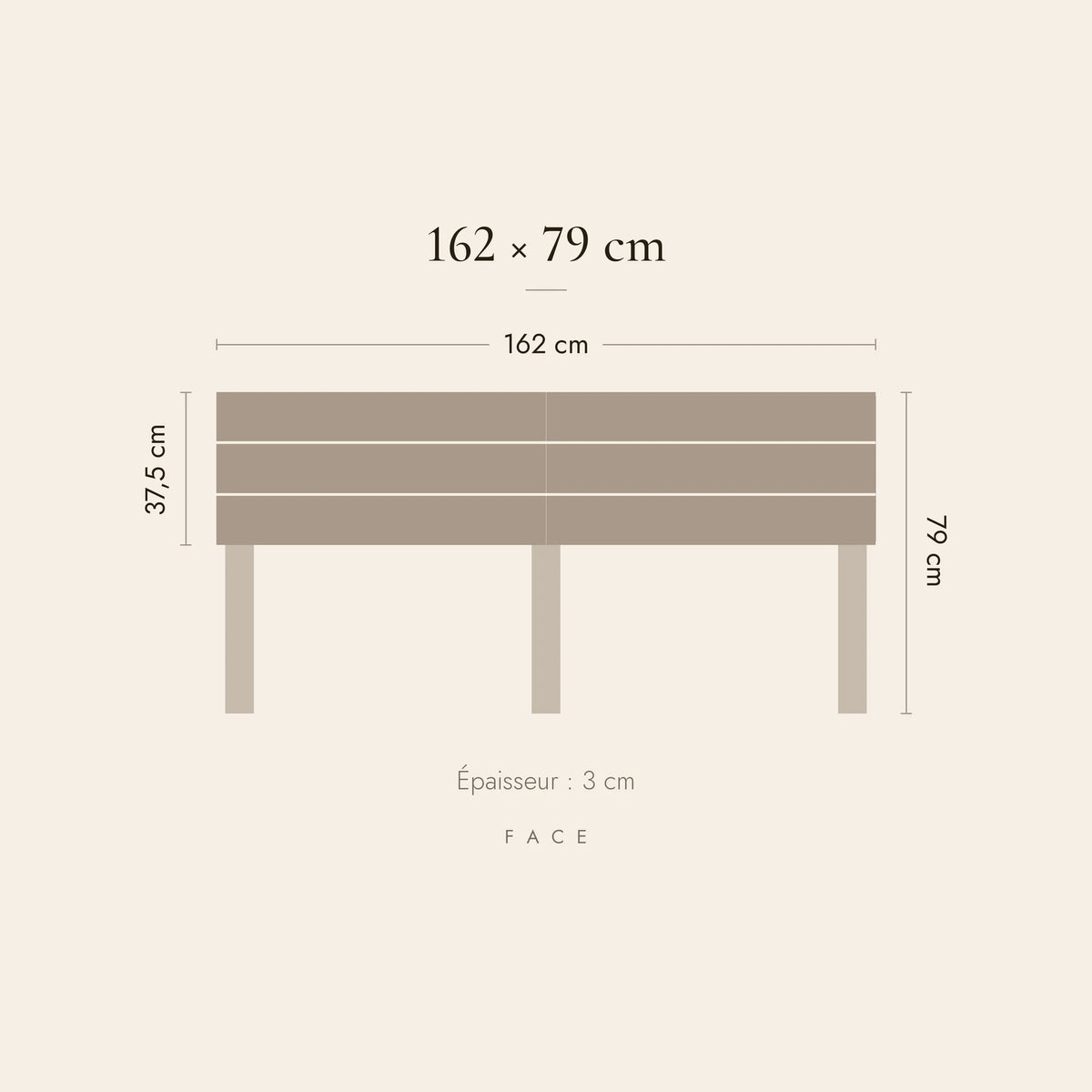 Dimensions de la tête de lit Muette pour un lit de 160 cm : 162 cm de large, 79 cm de haut