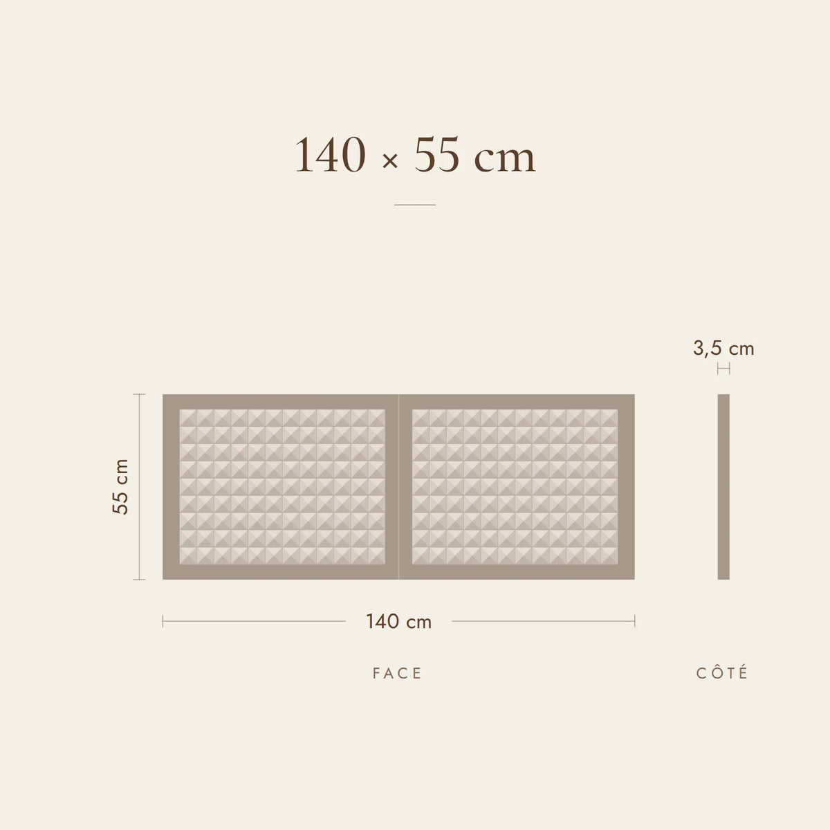 Dimensions de la tête de lit Rivoli pour lit 140 cm : 140 x 55 x 3,5 cm