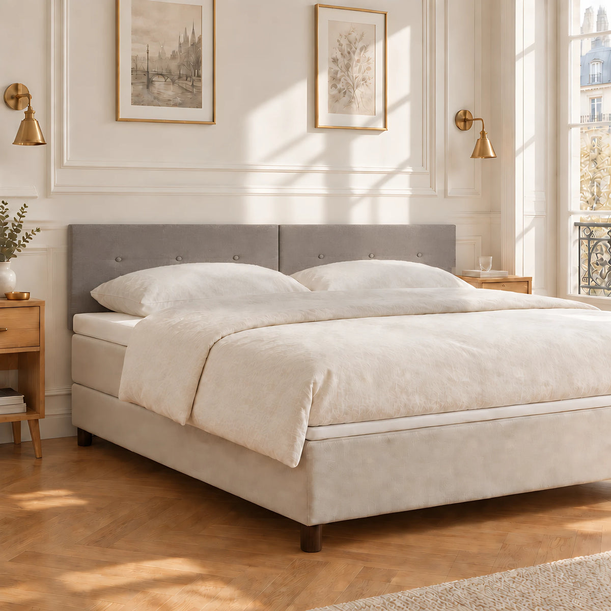 Tête de lit en tissu à poser Marais taupe dans une chambre parisienne