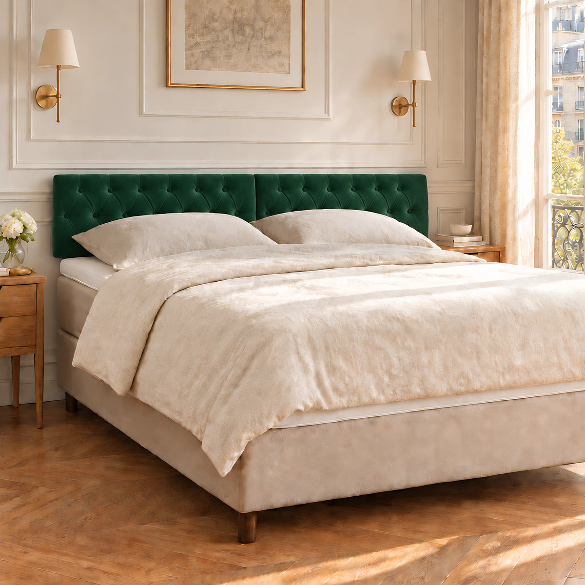 Tête de lit capitonnée en velours Alma vert sapin dans une chambre parisienne