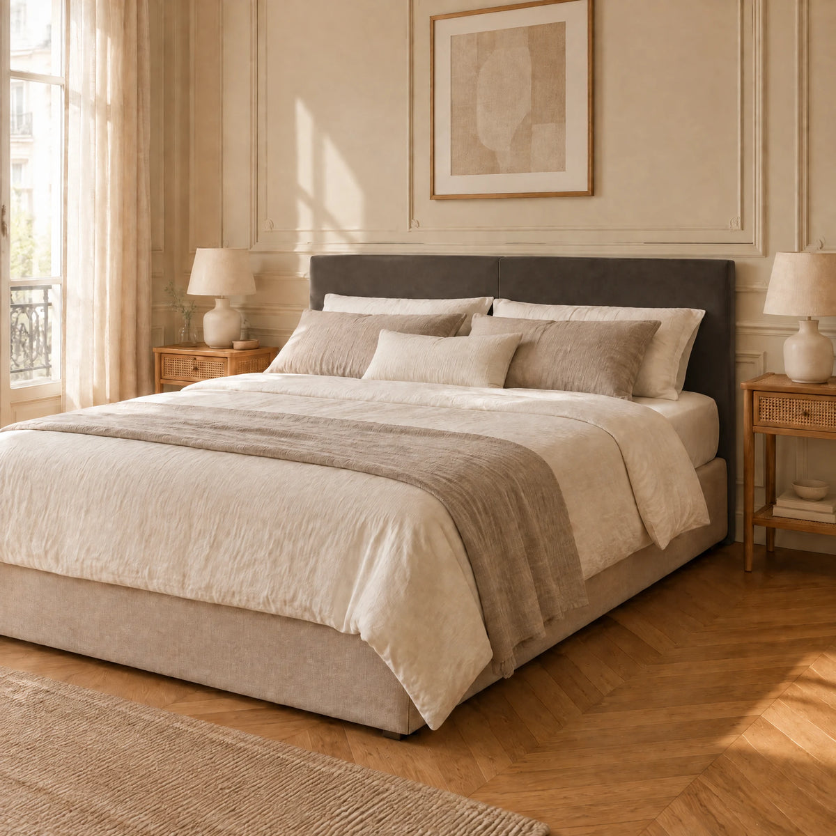 Tête de lit en velours lisse Cluny gris anthracite dans une chambre parisienne