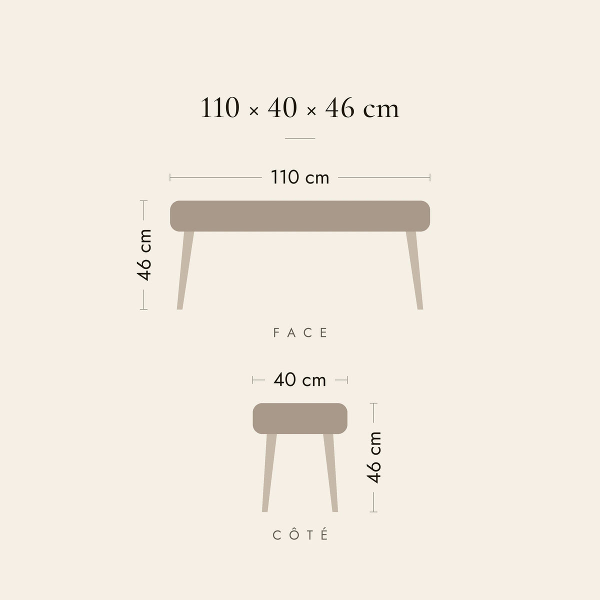 Dimensions du banc de lit Véro-Dodat : 110 × 40 × 46 cm