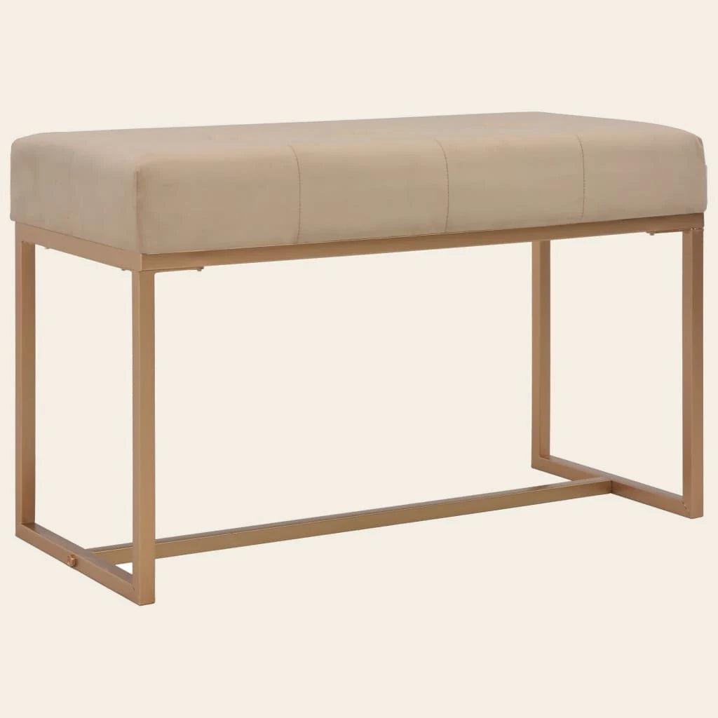 Banc de lit Valois beige en velours et métal doré, vue de trois quarts