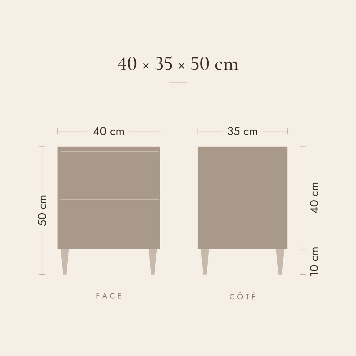 Dimensions de la table de chevet Aurore : 40 × 35 × 50 cm, caisson de 40 cm, pieds de 10 cm