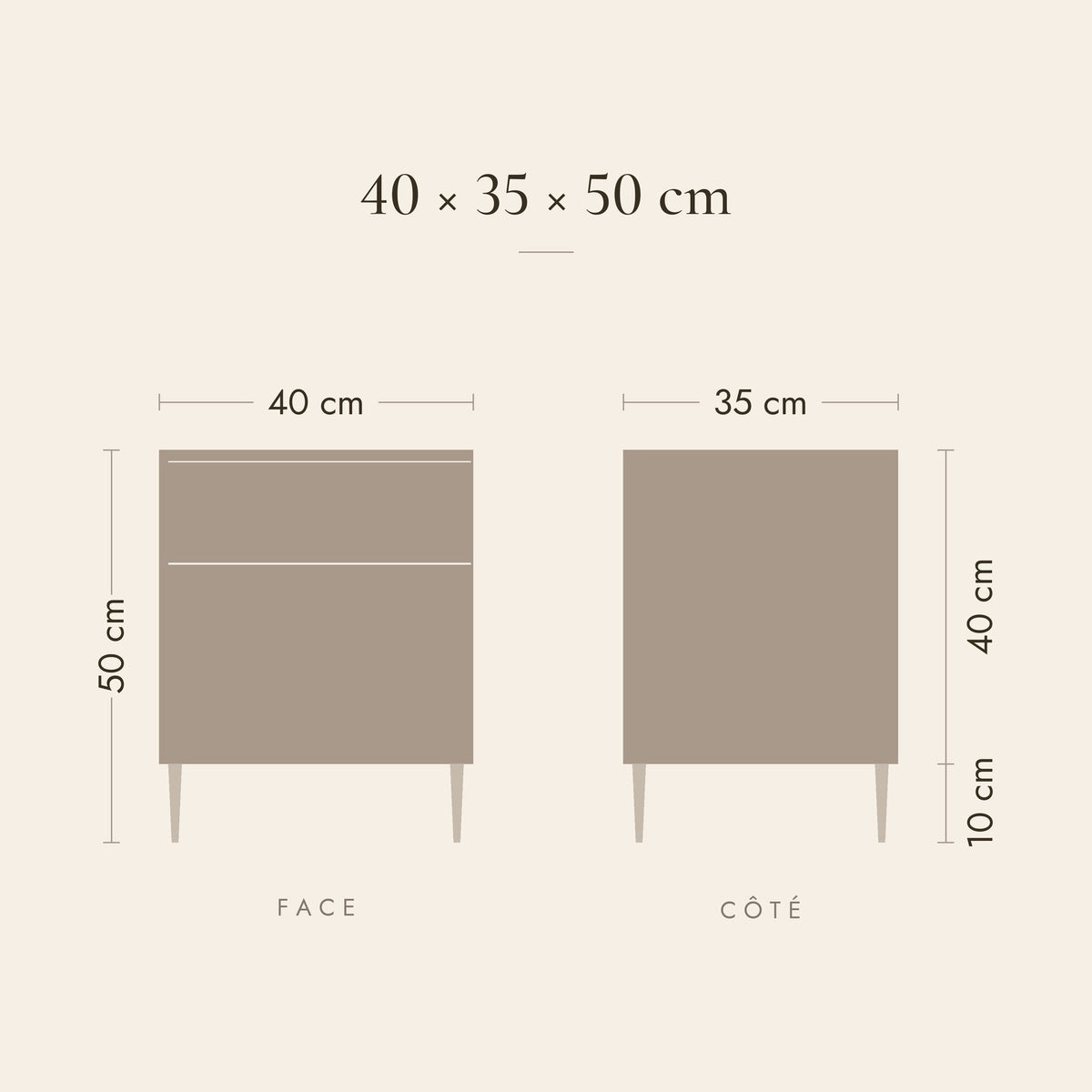 Dimensions de la table de chevet Minuit : 40 × 35 × 50 cm, caisson de 40 cm, pieds de 10 cm