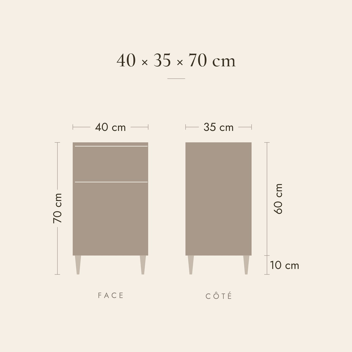 Dimensions de la table de chevet Nocturne : 40 × 35 × 70 cm, caisson de 60 cm, pieds de 10 cm