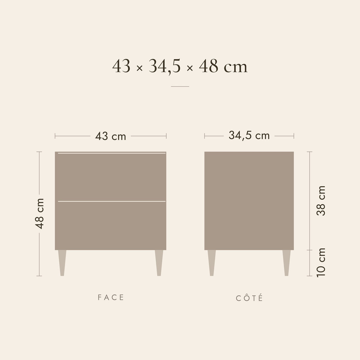 Dimensions de la table de chevet Songe : 43 × 34,5 × 48 cm, caisson de 38 cm, pieds de 10 cm
