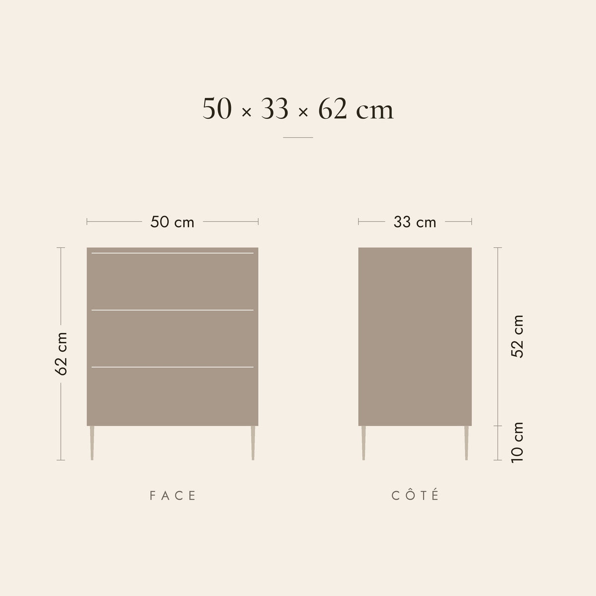 Dimensions de la table de chevet Nouvelle Lune : 50 × 33 × 62 cm