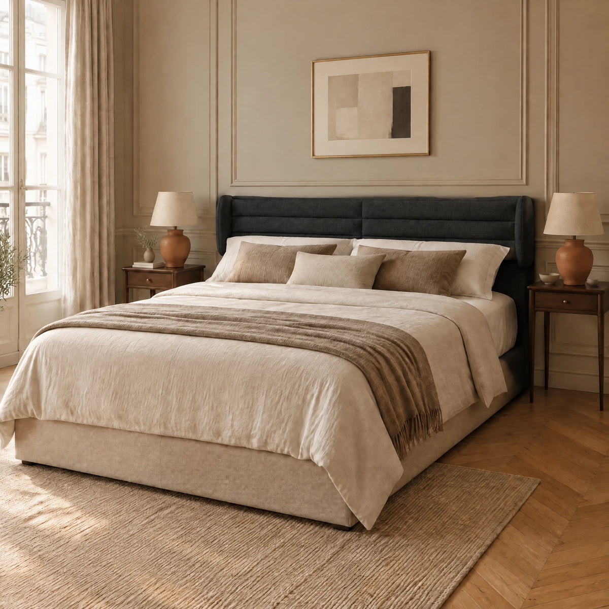 Tête de lit à oreilles en tissu Bagatelle noir dans une chambre parisienne