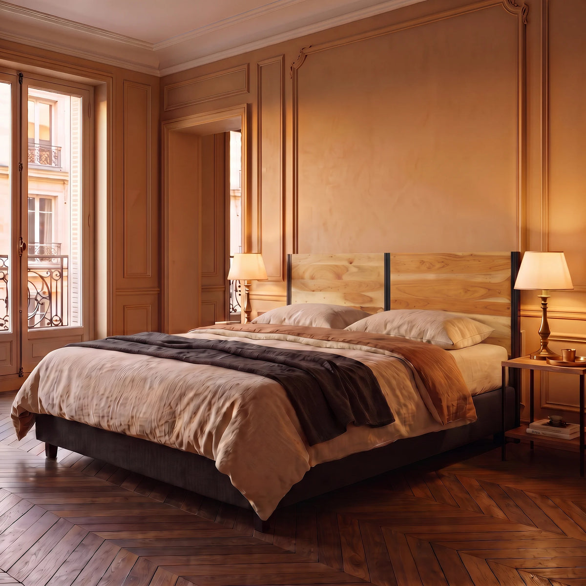 Tête de lit en acacia massif et fer Champ-de-Mars, dans une chambre, vue de trois quarts