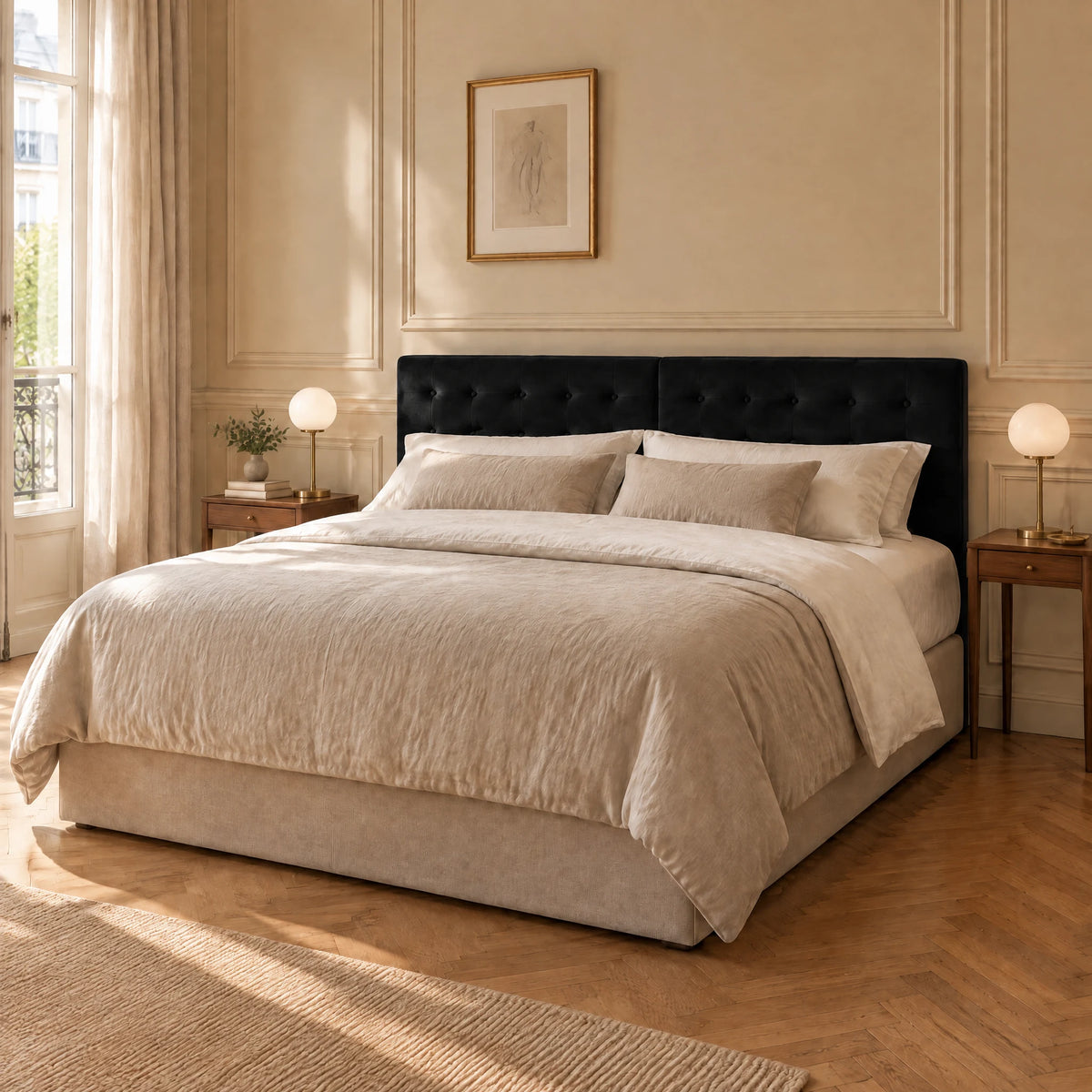 Tête de lit boutonnée en velours Dauphine noir dans une chambre parisienne