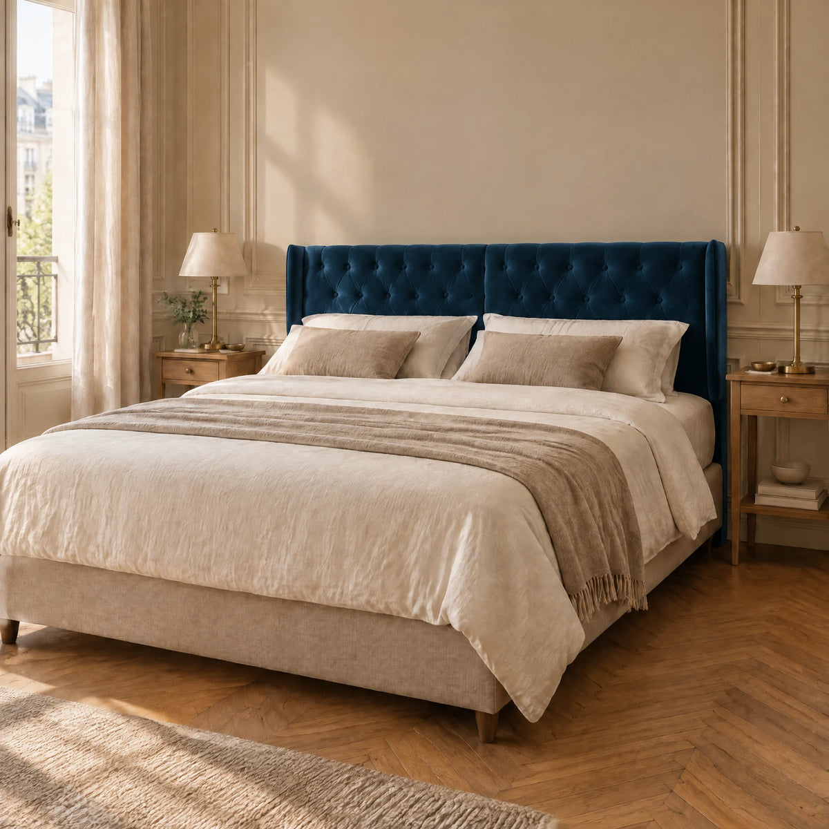 Tête de lit capitonnée à oreilles en velours Montaigne bleu canard dans une chambre parisienne