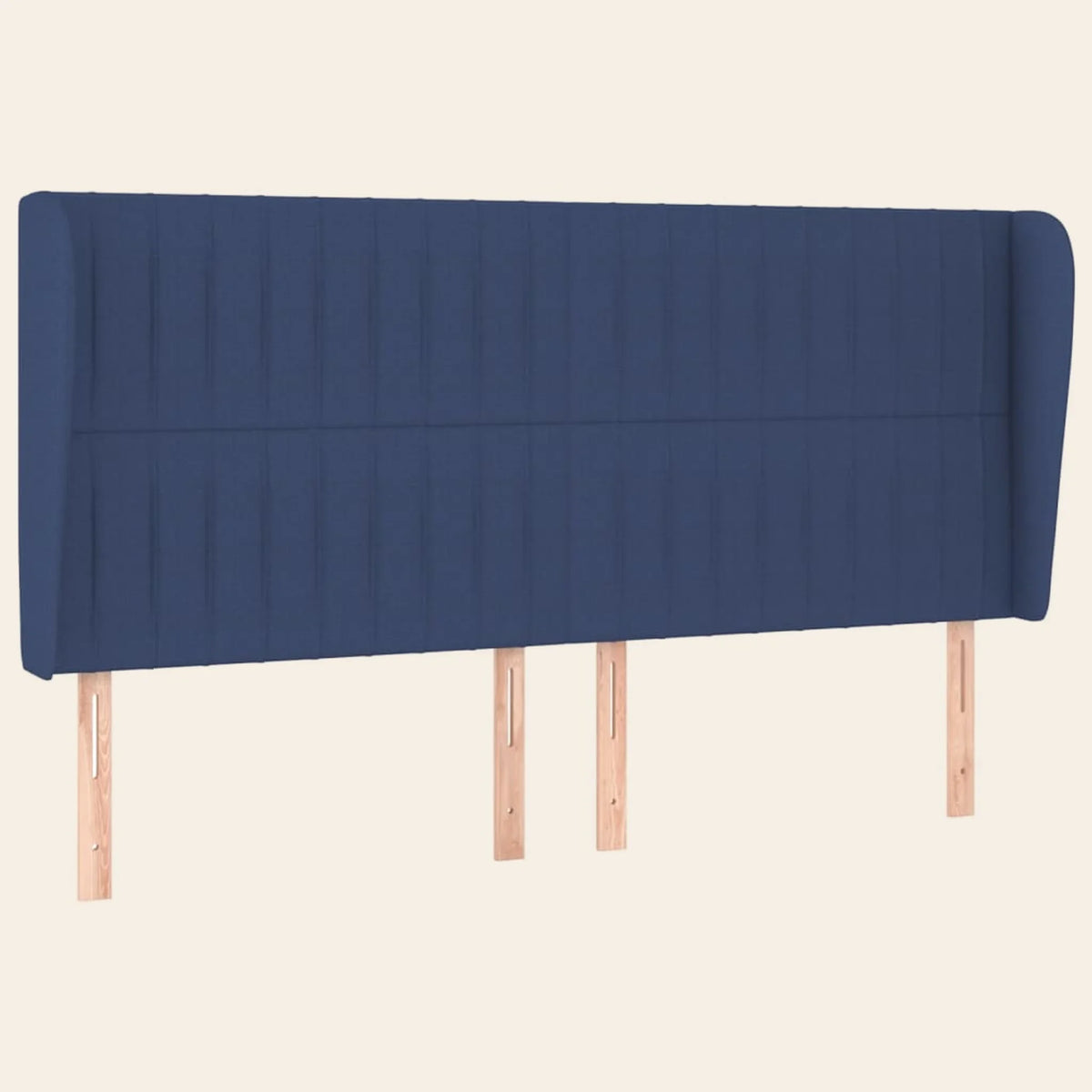 Tête de lit haute cannelée à oreilles en tissu Friedland, coloris bleu, sur pieds en bois