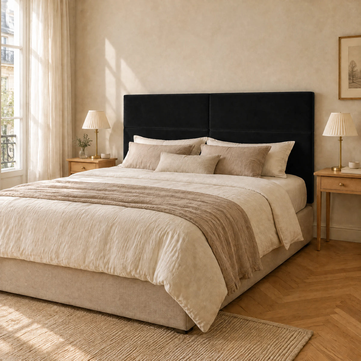 Tête de lit haute en velours lisse Châtelet noir dans une chambre parisienne