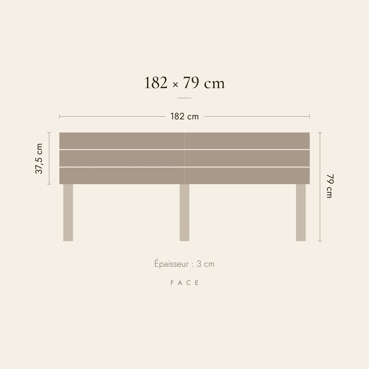 Dimensions de la tête de lit Muette pour un lit de 180 cm : 182 cm de large, 79 cm de haut