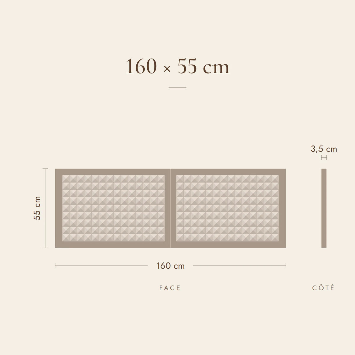 Dimensions de la tête de lit Rivoli pour lit 160 cm : 160 x 55 x 3,5 cm