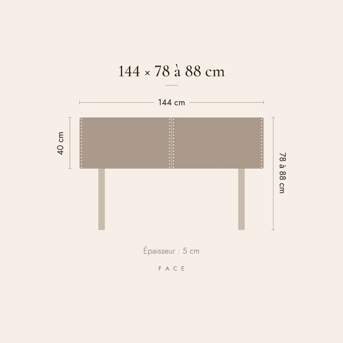 Dimensions de la tête de lit Saint-Louis pour un lit de 140 cm : 144 cm de large, 78 à 88 cm de haut