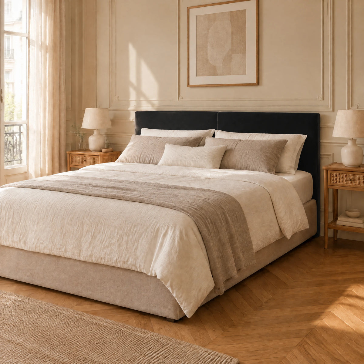 Tête de lit en velours lisse Cluny noir dans une chambre parisienne