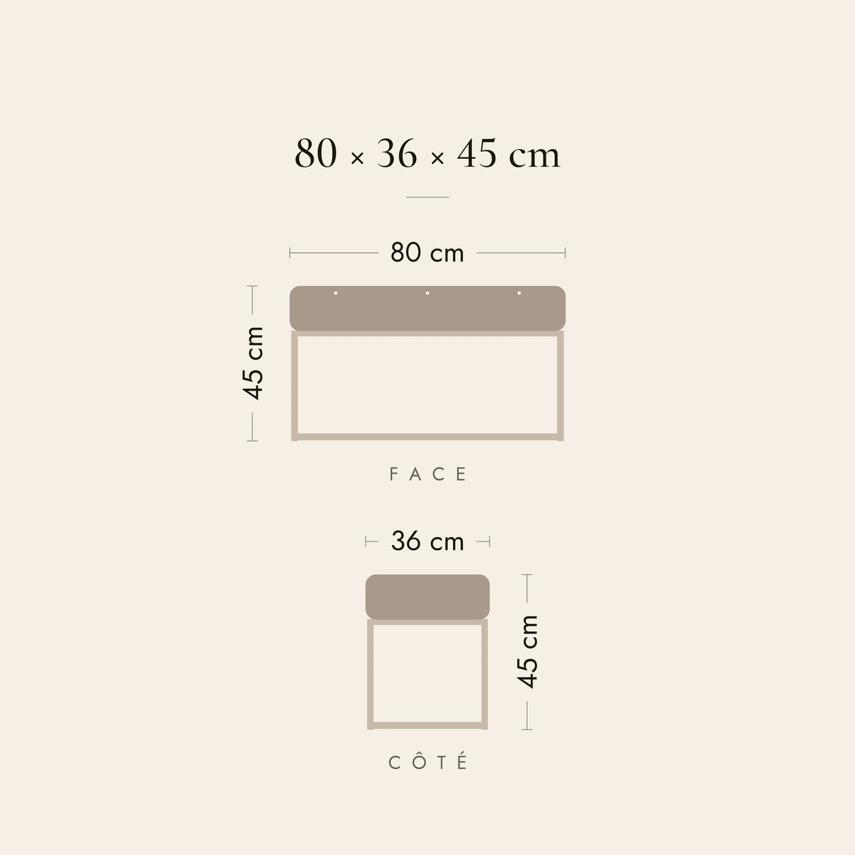 Dimensions du banc de lit Valois : 80 × 36 × 45 cm