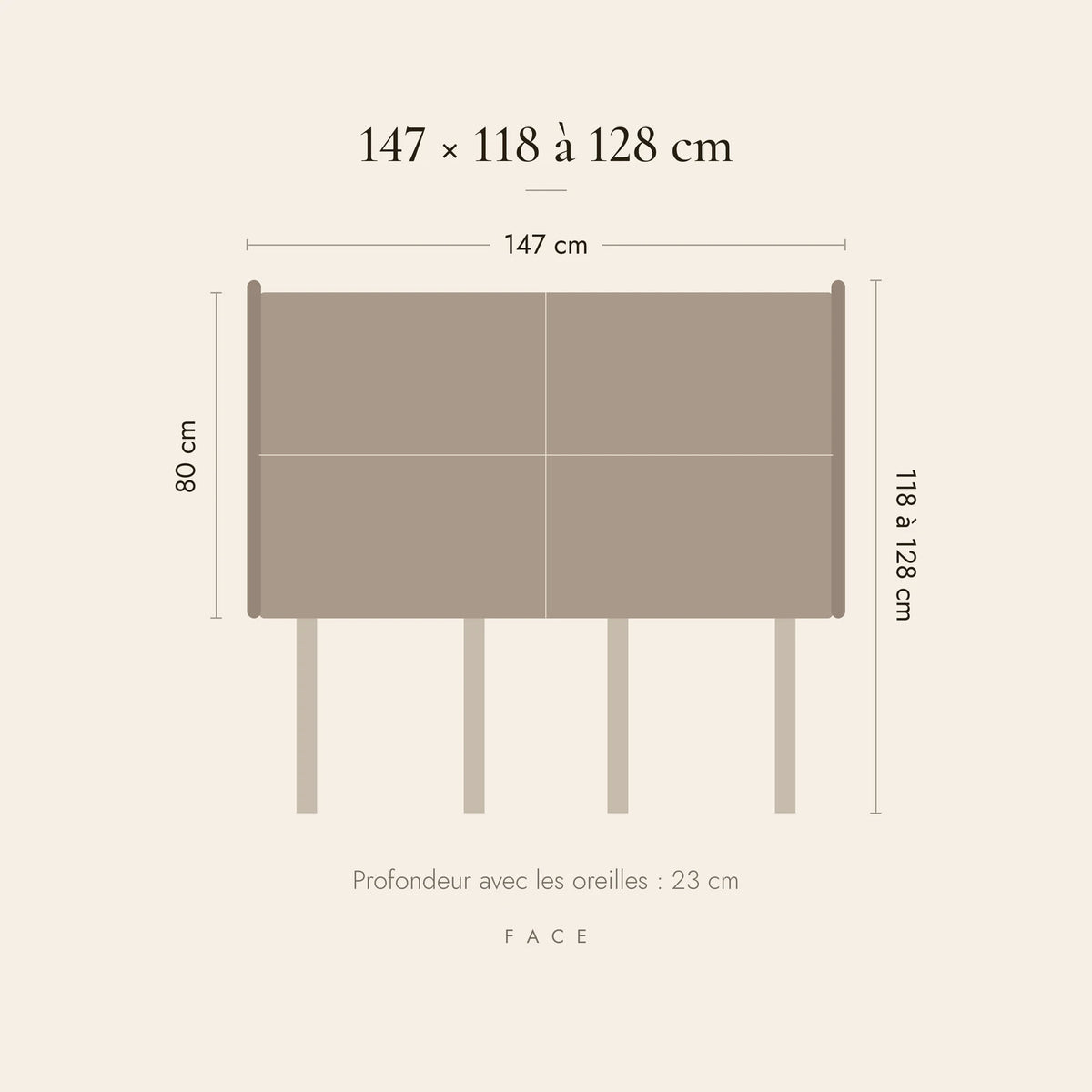 Dimensions de la tête de lit Haussmann pour un lit de 140 cm : 147 cm de large, 118 à 128 cm de haut