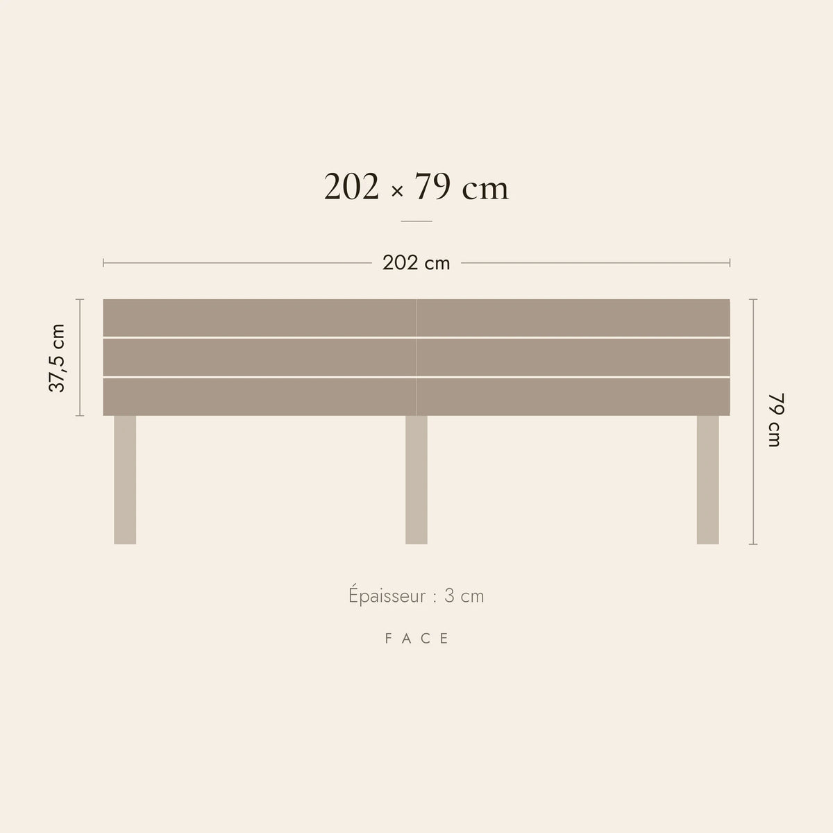 Dimensions de la tête de lit Muette pour un lit de 200 cm : 202 cm de large, 79 cm de haut