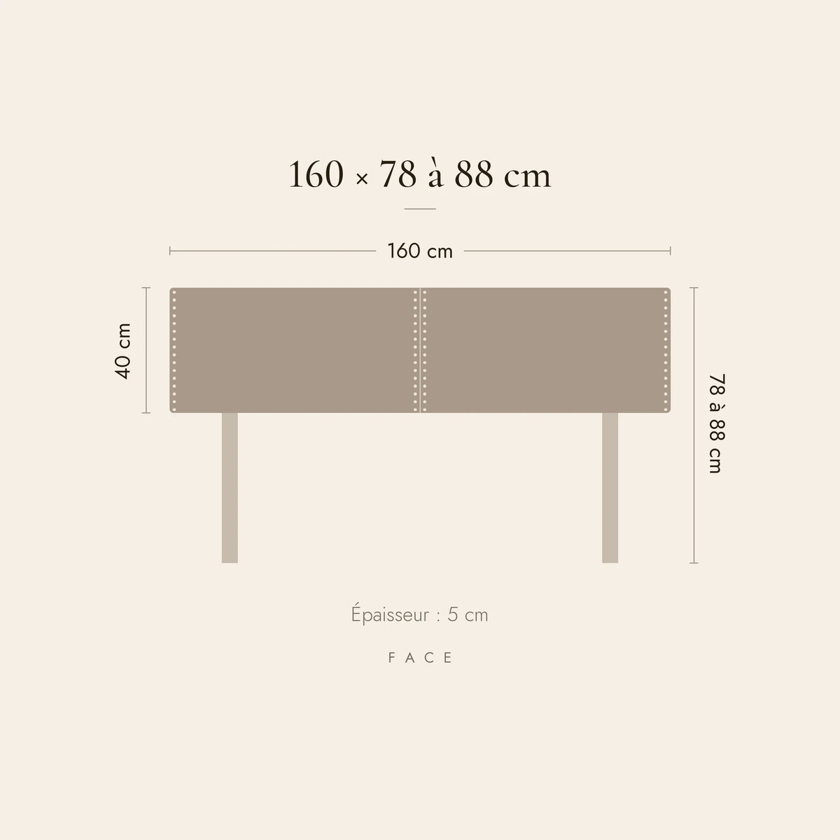 Dimensions de la tête de lit Saint-Louis pour un lit de 160 cm : 160 cm de large, 78 à 88 cm de haut