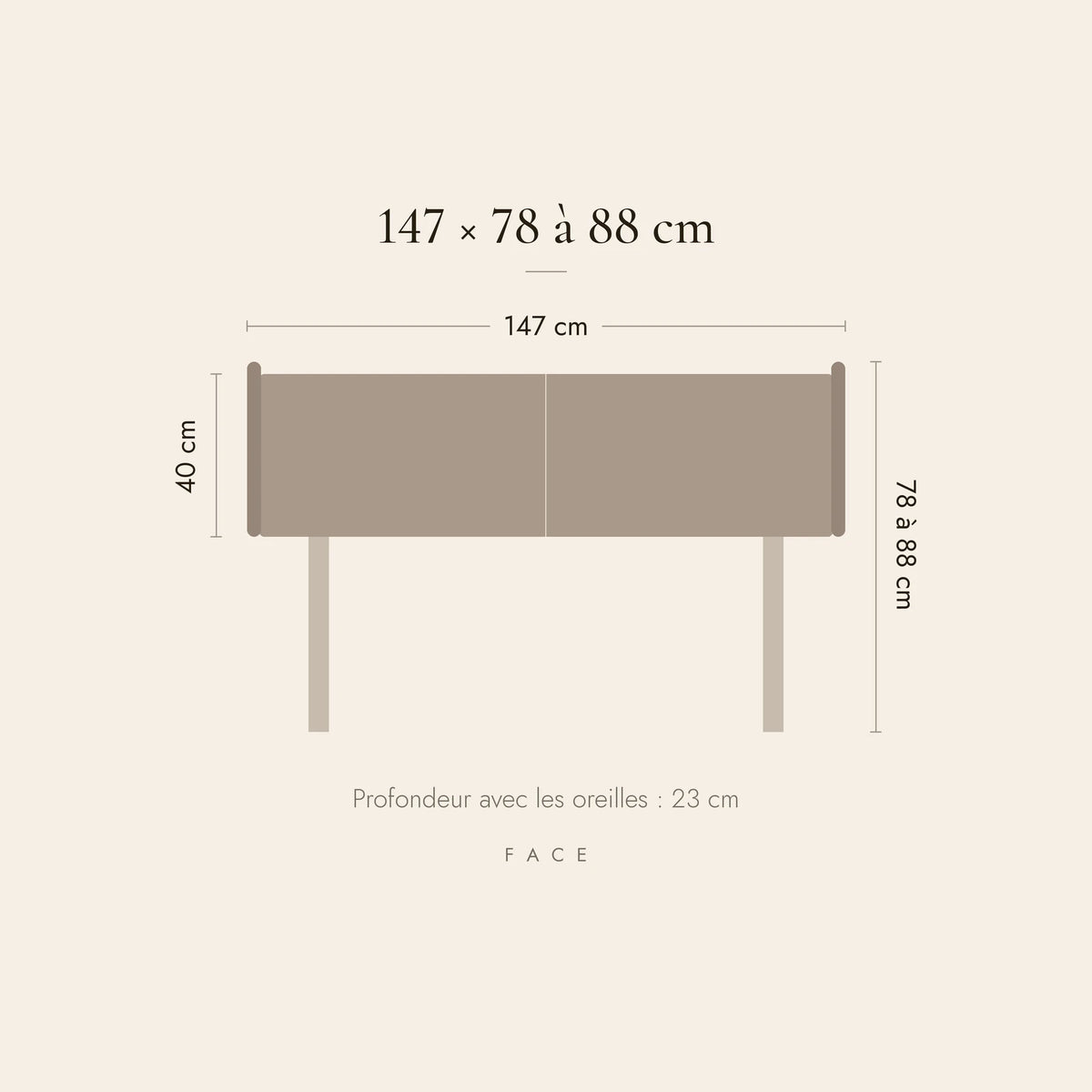 Dimensions de la tête de lit Solférino pour un lit de 140 cm : 147 cm de large, 78 à 88 cm de haut